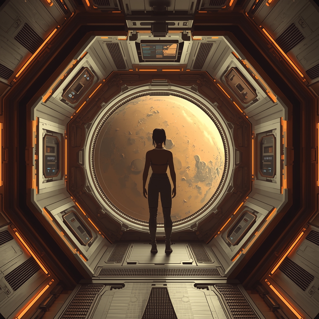 A stunning visualization of a human crew module interior, futuristic and minimal design, viewing window looking out to Mars, amber lighting, no woman